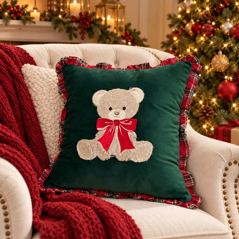 Cuscino Teddy in Velluto Verde con Orsetto Ricamato e Balza Tartan – Linea Teddy by Mata Creazioni