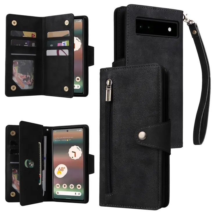 Custodia in pelle a tre pieghe con rivetto fibbia 9 carte per Google Pixel 6a