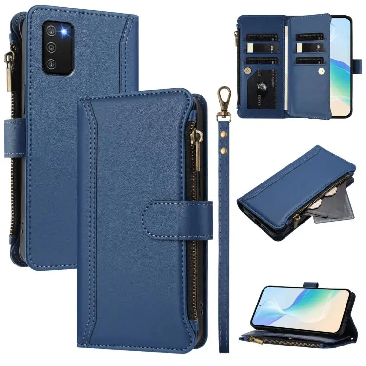 Custodia in pelle con chiusura magnetica, 9 scomparti per carte e cerniera, con cinturino da polso., For Samsung Galaxy A02s 164mm, For Samsung Galaxy A02s 166mm