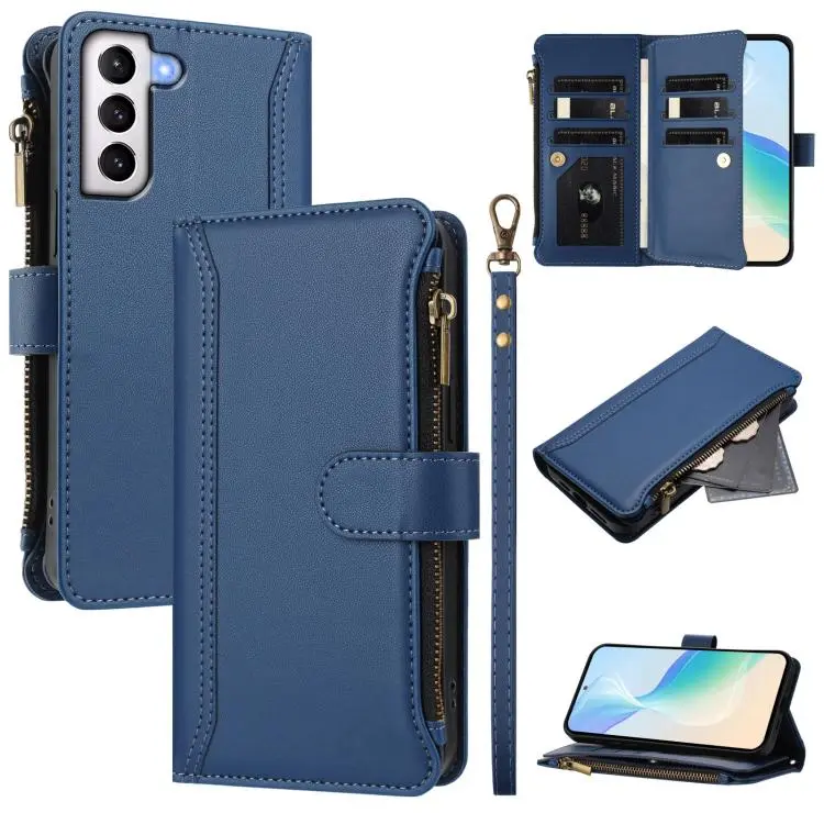 Custodia in pelle con chiusura magnetica, 9 scomparti per carte e cerniera, con cinturino da polso., For Samsung Galaxy S21+ 5G, For Samsung Galaxy S21 Ultra 5G