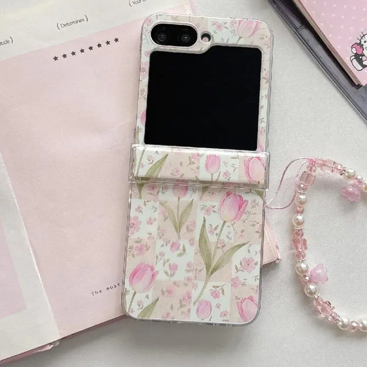Custodia magnetica antiurto con motivo tulipani rosa e cinturino per Galaxy Z