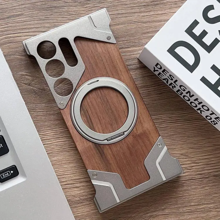 Custodia magnetica con supporto girevole in metallo e legno per Samsung Galaxy