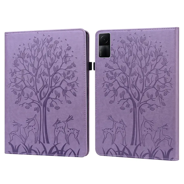 Custodia per tablet in pelle con stampa pressata motivo albero e cervo per