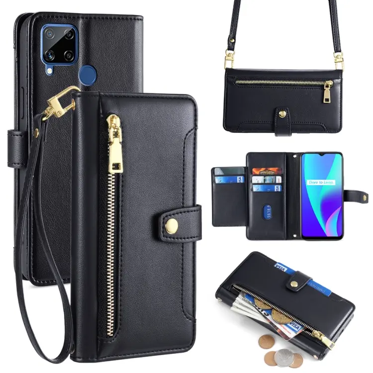Custodia per telefono in pelle con portafoglio con cerniera a tracolla Lite Sheep Texture, For Realme C15
