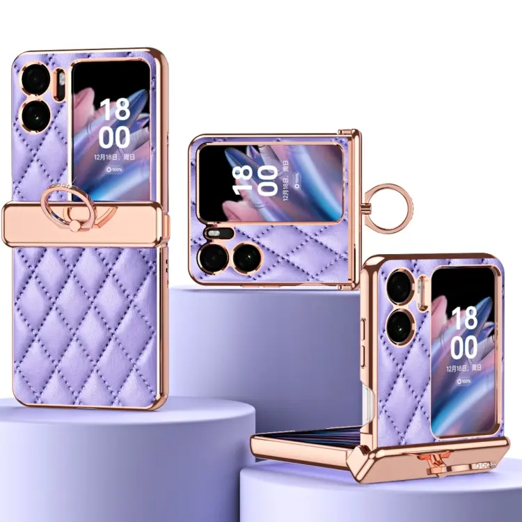 Custodia per telefono magnetica in pelle liscia elettrolitica con motivo a rombo con anello, For OPPO Find N2 Flip