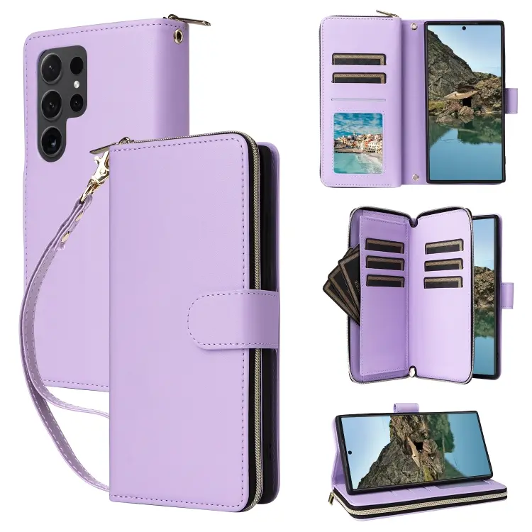 Custodia portafoglio in pelle con cerniera e nove slot per carte per Galaxy S24