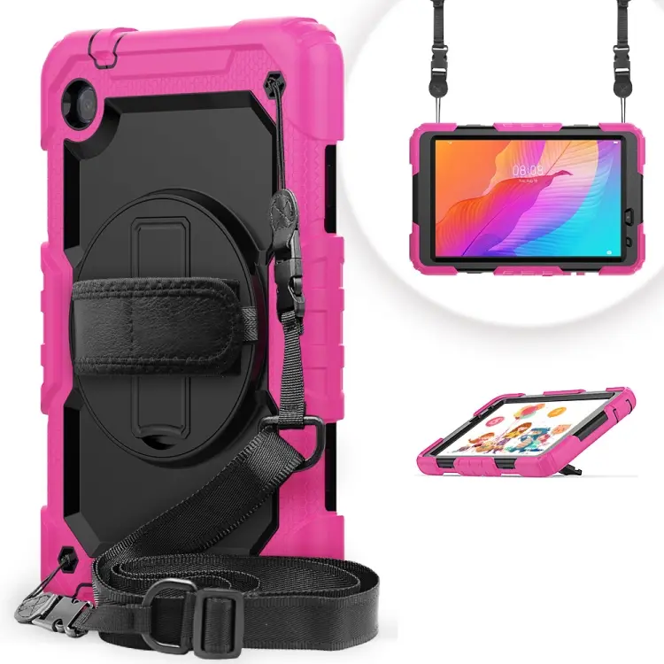 Custodia protettiva antiurto in silicone colorato + PC con supporto, tracolla e cinturino da polso, For Huawei MediaPad T5, For Huawei MatePad T8, For Lenovo Tab M10 FHD Plus