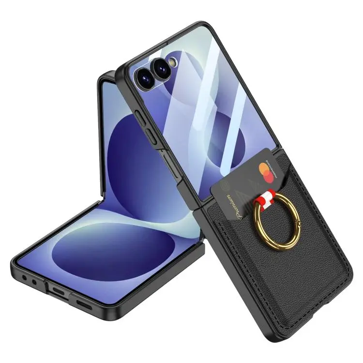 Custodia ultra sottile in pelle con scomparti per carte e anello di supporto per