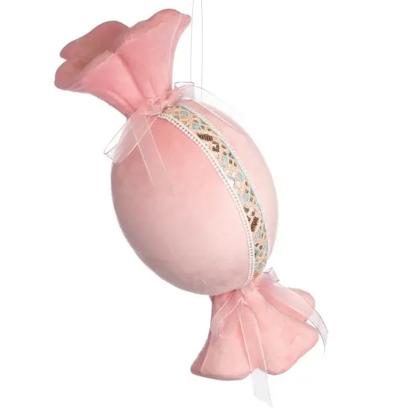 Decorazione Natalizia Caramella Rosa Chiaro e Bianca in Tessuto Vellutato – Goodwill, 37cm