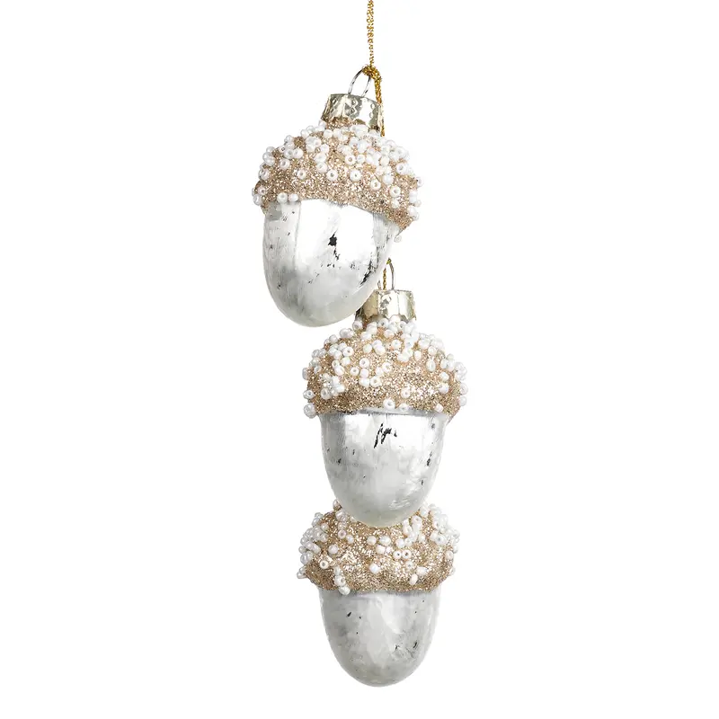Decorazione Natalizia Ghiande in Vetro con Perline Bianche – Goodwill, 5,5cm