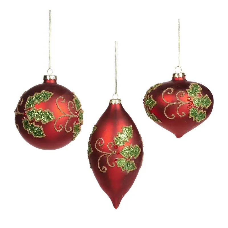 Decorazione Natalizia in Vetro Rosso con Agrifoglio e Perline – Goodwill, Ø 10cm