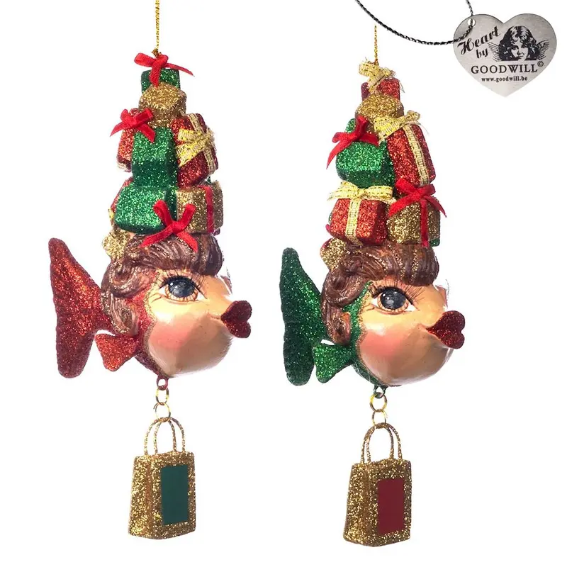 Decorazione Natalizia Pesce con Pacchi Regalo in Resina Glitterata – Goodwill, 12cm