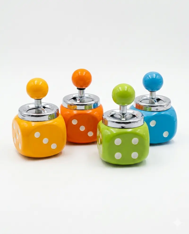 DILeCO Set 4 Posacenere a Pressione Dado in Ceramica – Design Pop Arcade Vintage con Meccanismo Push Anti-Odore