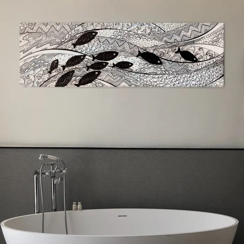 Dipinto con Pesci Bianco e Nero, Quadro Marino Moderno