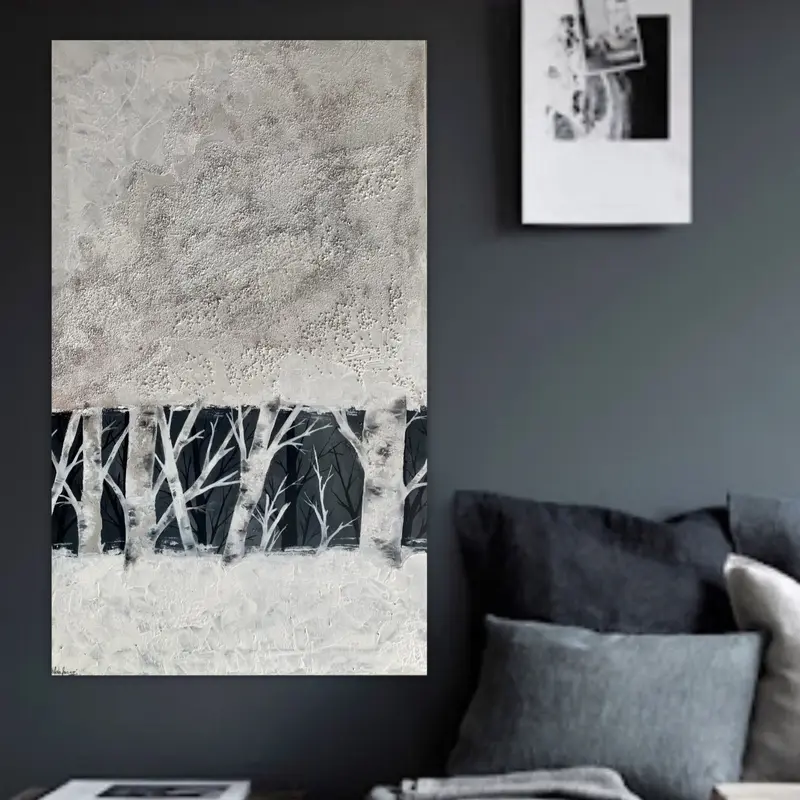 Dipinto Materico con Alberi, Quadro Astratto Bianco e Nero