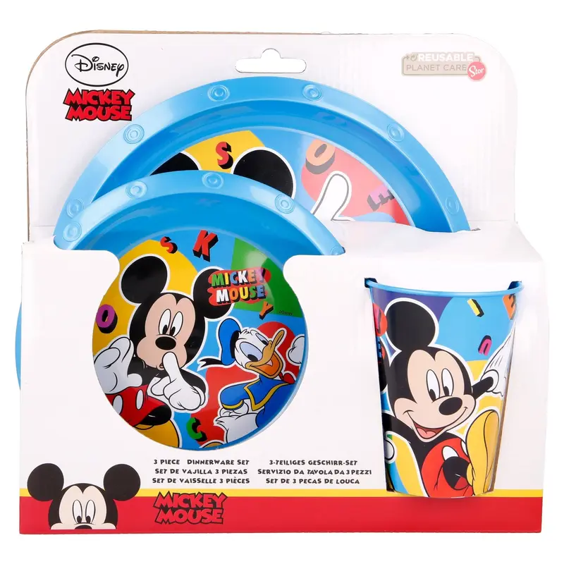 Disney Mickey Mouse Set Pappa 3 Pezzi Plastica BPA Free – Kit Piatto Piano Fondo e Bicchiere Bambini Topolino