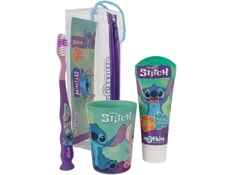 Disney Stitch Kit Igiene Orale Completo Mr. White | Pochette da Viaggio con Spazzolino Soft, Dentifricio 75ml e Bicchiere | Set Scuola e Tempo Libero | Per Bambini 3+ Anni