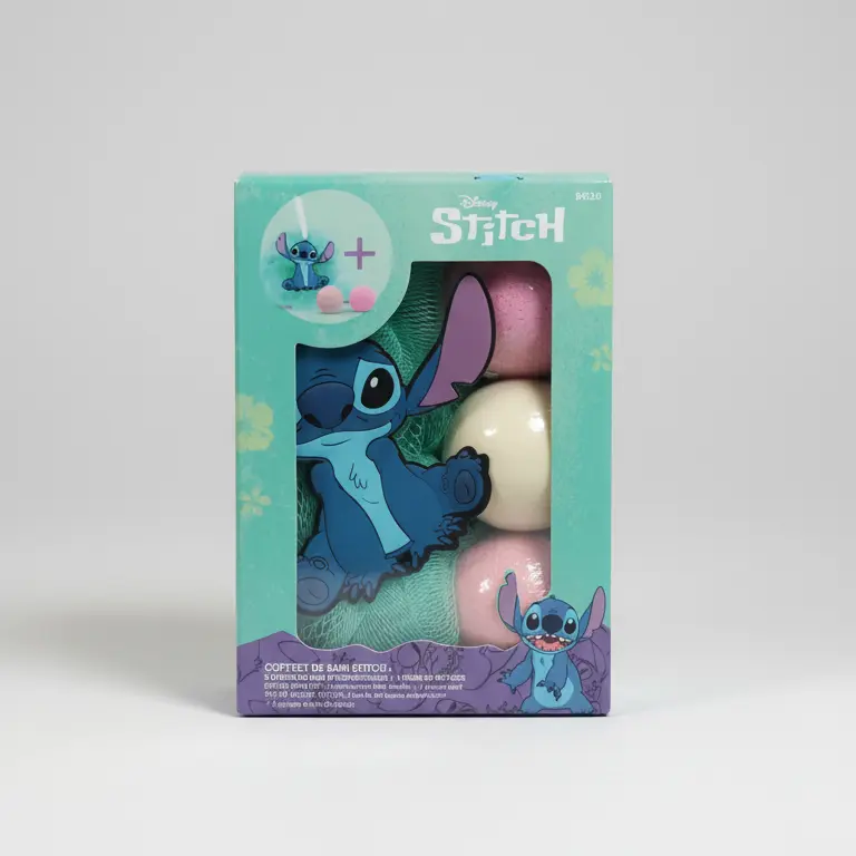 DISNEY Stitch Set Bagno Coffret de Bain – Confezione Regalo con 3 Bombe Effervescenti alla Rosa e Spugna in Nylon – Soluzione Relax Profumata e Detersione Delicata