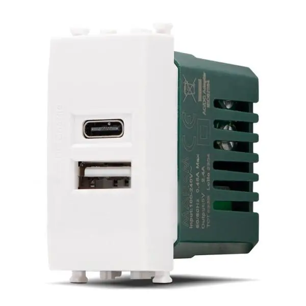 Doppia presa USB A e USB C 5V 2.4A compatibile Vimar Plana