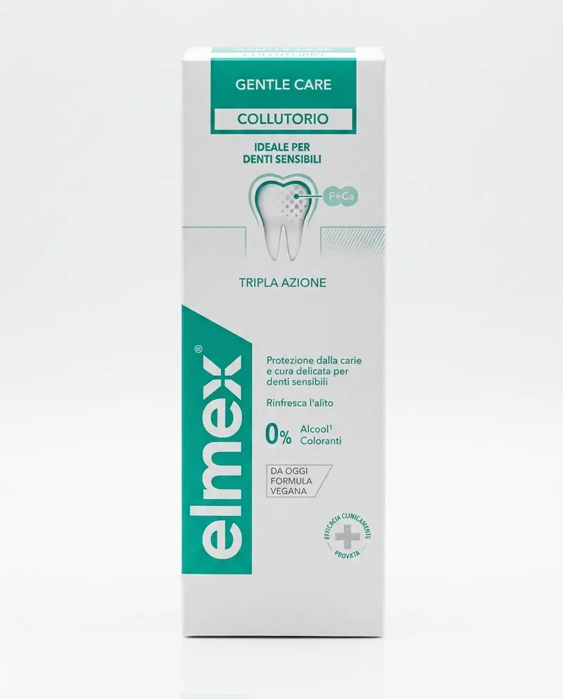 elmex® Gentle Care Collutorio per Denti Sensibili – Tripla Azione, Formula Vegana, Senza Alcool – Formato 400ml (40 Applicazioni)