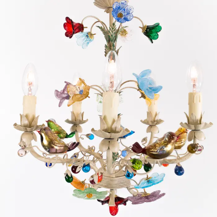 Enchanted Garden Chandelier - Handcrafted Murano Glass Flowers, Berries and Birds