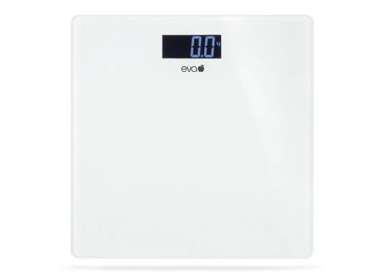 Eva Bilancia Pesapersona Elettronica in Vetro Bianco | Portata 180 Kg | Divisione 50g ad Alta Precisione | Display LCD Retroilluminato | Design Slim 30x30 cm