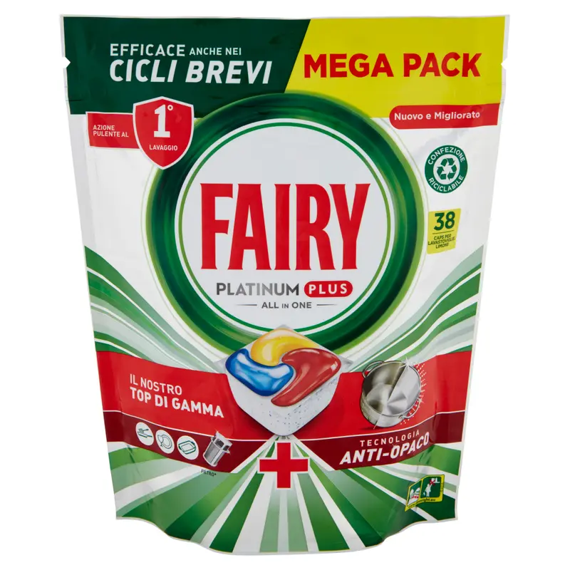 Fairy Pastiglie Lavastoviglie Platinum Plus Anti-Opaco Limone 38 Capsule (589g) | Azione Pulente al 1° Lavaggio, Efficace Anche Cicli Brevi, Tecnologia Anti-Opaco, Confezione Riciclabile, Mega Pack