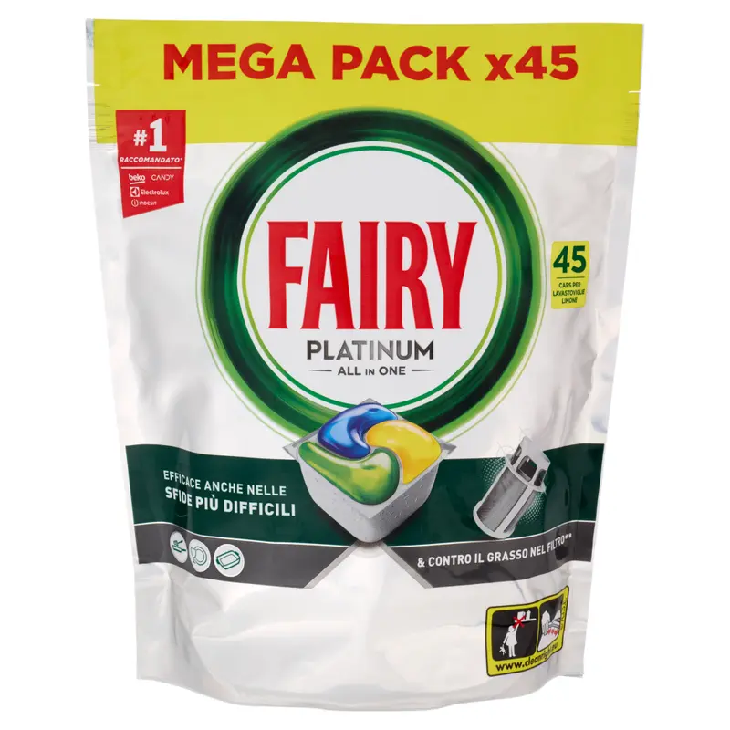 Fairy Platinum All in One Capsule Lavastoviglie – Limone | Mega Pack 45 Caps | Efficacia Potenziata & Anti-Grasso | Pulizia Filtro Integrata