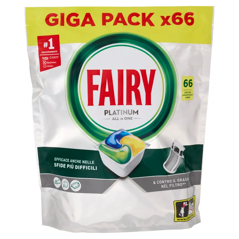 Fairy Platinum All in One Limone 66 Capsule | Giga Pack Detersivo Lavastoviglie | Azione Anti-Grasso nel Filtro e Brillantezza Impeccabile