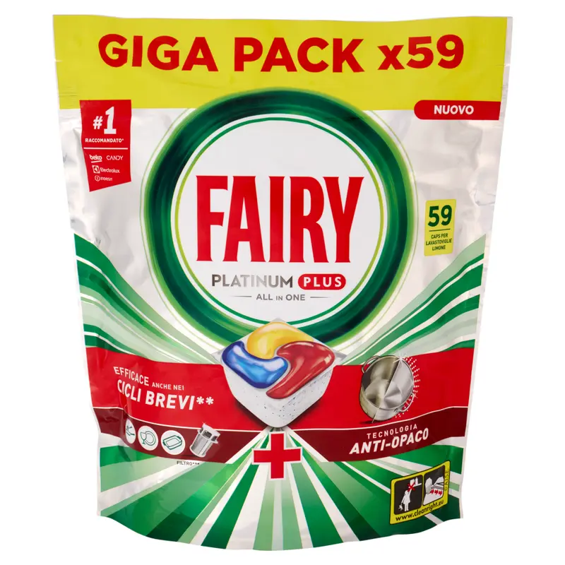 Fairy Platinum Plus All in One Limone 59 Capsule | Detersivo Lavastoviglie Anti-Opaco | Azione Sgrassante Profonda e Protezione Argento