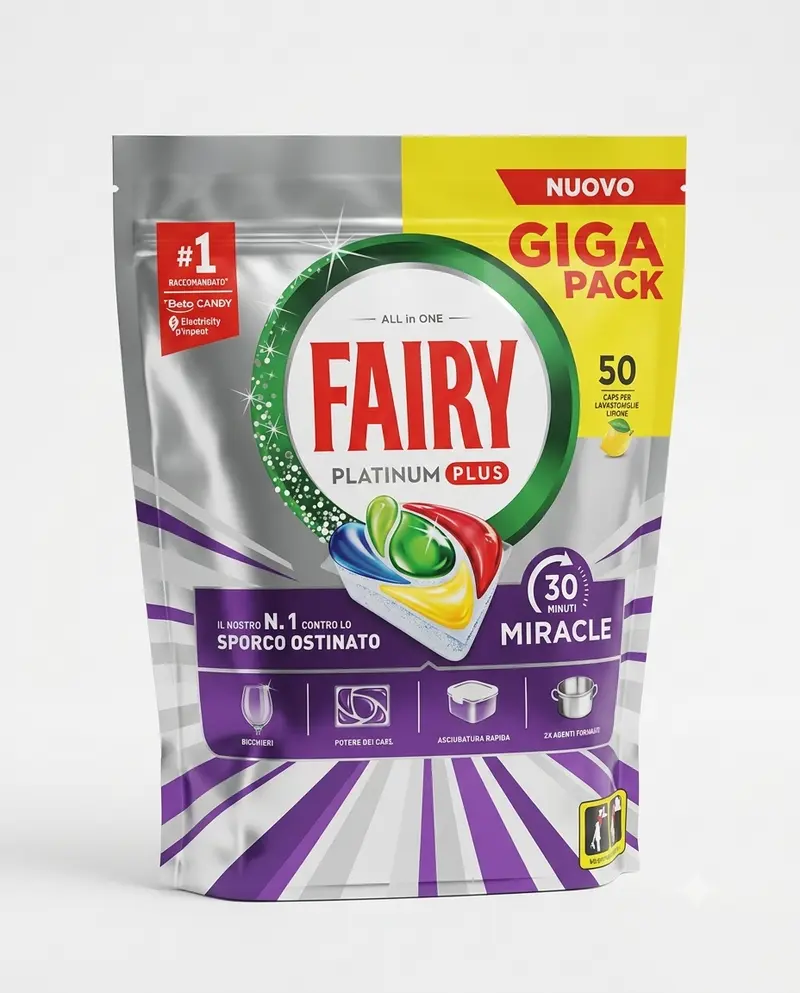 Fairy Platinum Plus Miracle Lavastoviglie 50 Caps Limone – Giga Pack – Azione Anti-Opaco e Pulizia Profonda in 30 Minuti – Efficace su Residui Ostinati senza Pre-lavaggio