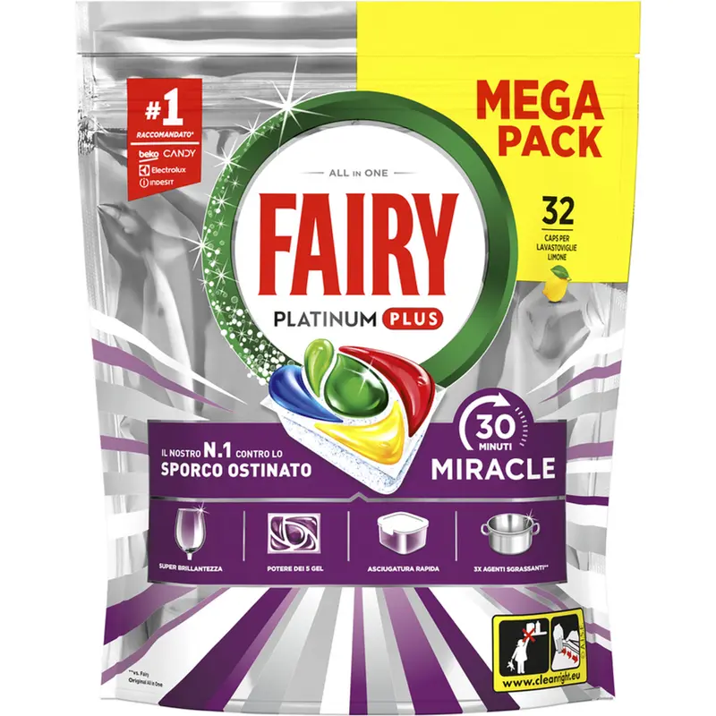Fairy Platinum Plus Tutto in 1 (32 Capsule) Limone - N°1 Sporco Ostinato, Pulizia in Ciclo Breve (30 Min), Triplo Potere Sgrassante, Super Brillantezza