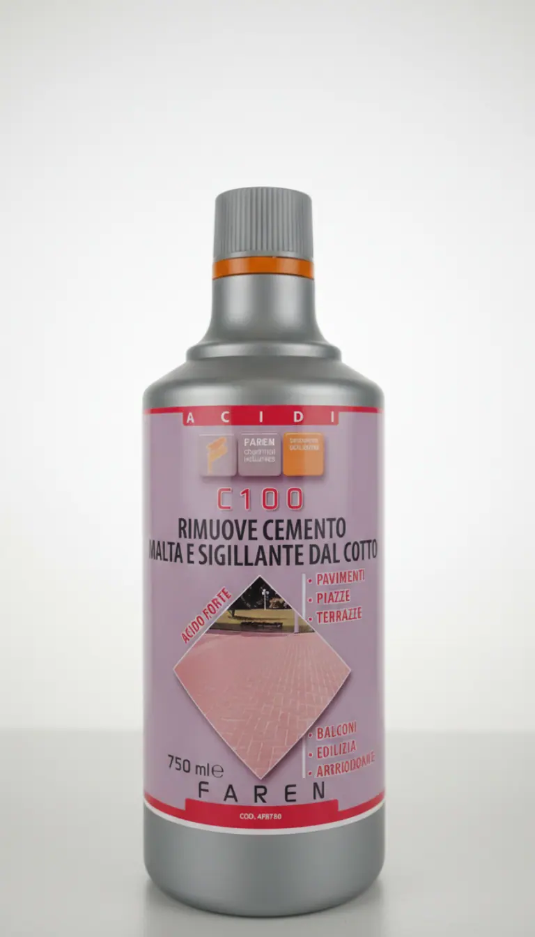 FAREN C100 Disincrostante Acido Professionale 750ml | Rimuove Residui di Cemento, Malta e Sigillanti | Ideale per Cotto, Clinker e Terrazze | Rimuove Salnitro e Ruggine | Made in Italy