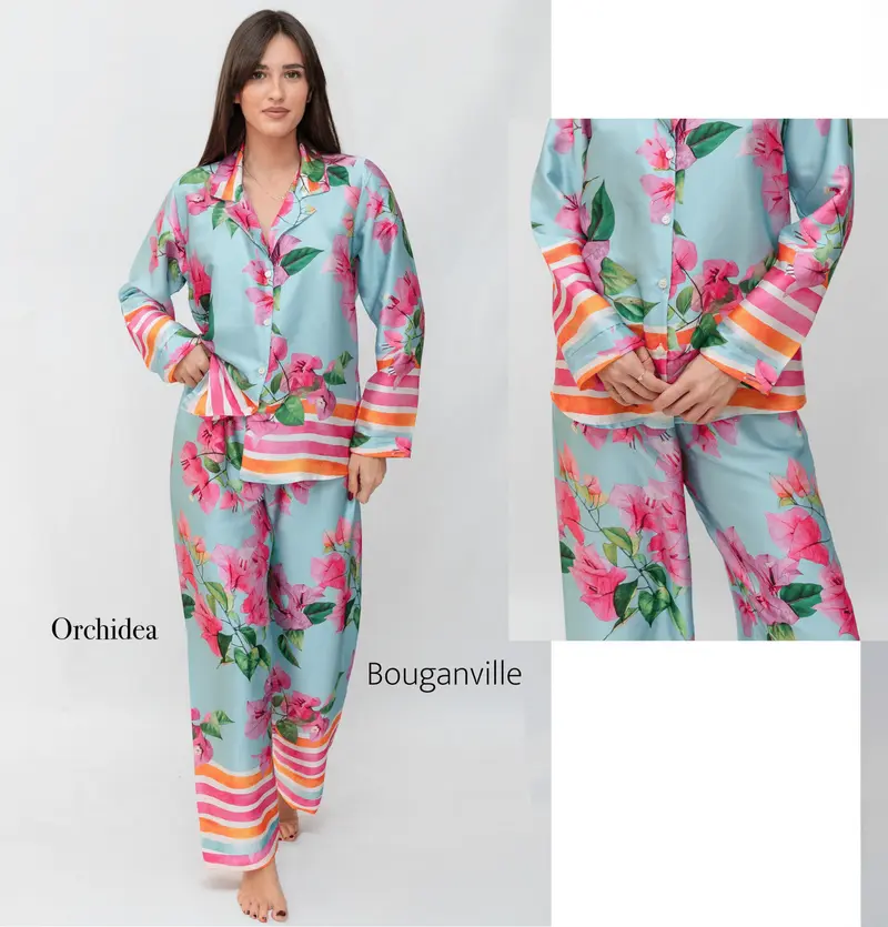 Filo D'Angelo Pigiama Lungo Donna Raso Orchidea Bouganville