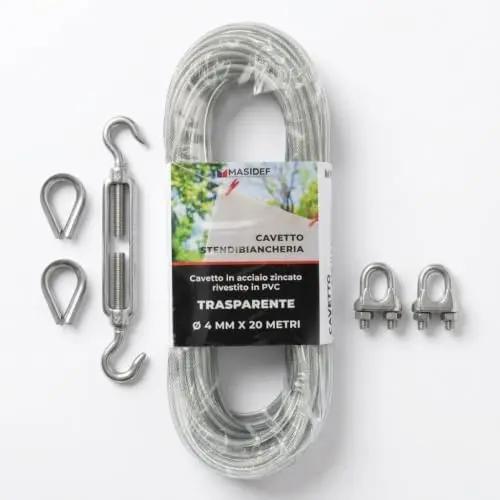 Filo Stendibiancheria Acciaio Rivestito PVC 4 mm × 20 m – Carico Rottura 250 kg – Kit con 2 Tenditori, 2 Redance, 2 Morsetti