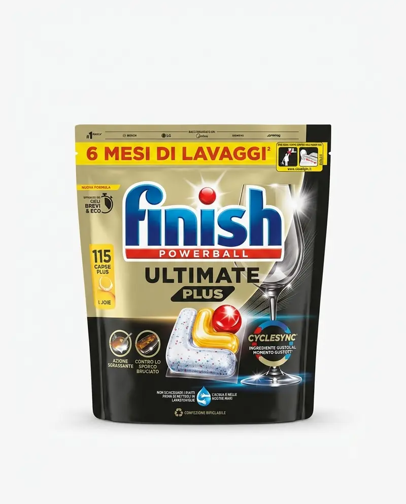 Finish Ultimate Plus All in One 115 Caps Limone | Tecnologia CycleSync | 3X Potere Pulente contro Sporco Bruciato | Efficace Cicli Brevi ed Eco
