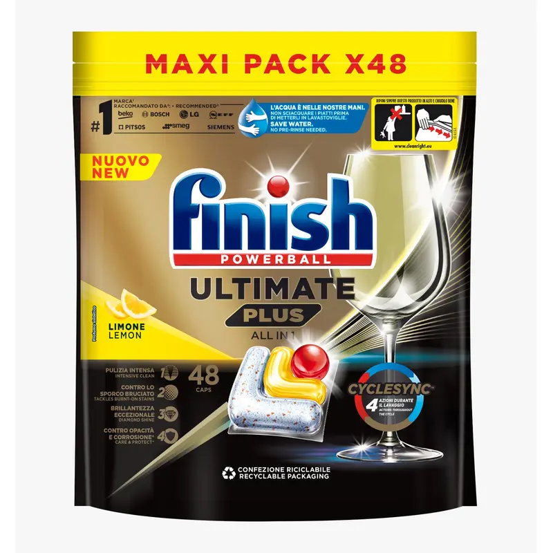 Finish Ultimate Plus All in One Lemon 48 Pastiglie – Tecnologia Enzimatica Concentrata con Triplo Potere Pulente Contro lo Sporco Bruciato ed Efficace nei Cicli Brevi ed Eco