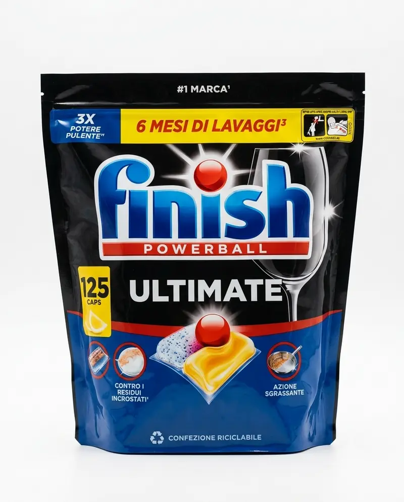 Finish Ultimate Powerball Limone 125 Caps | Maxi Formato 1625g | Azione Sgrassante e Brillantezza Profonda | Efficace nei Cicli Brevi ed Eco