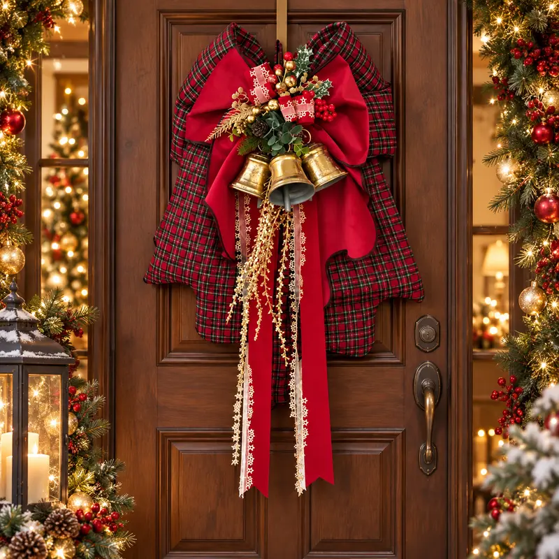 Fiocco Natalizio Aura in Tartan e Velluto con Tris di Campane – Linea Noël by Mata Creazioni, 65x38 cm