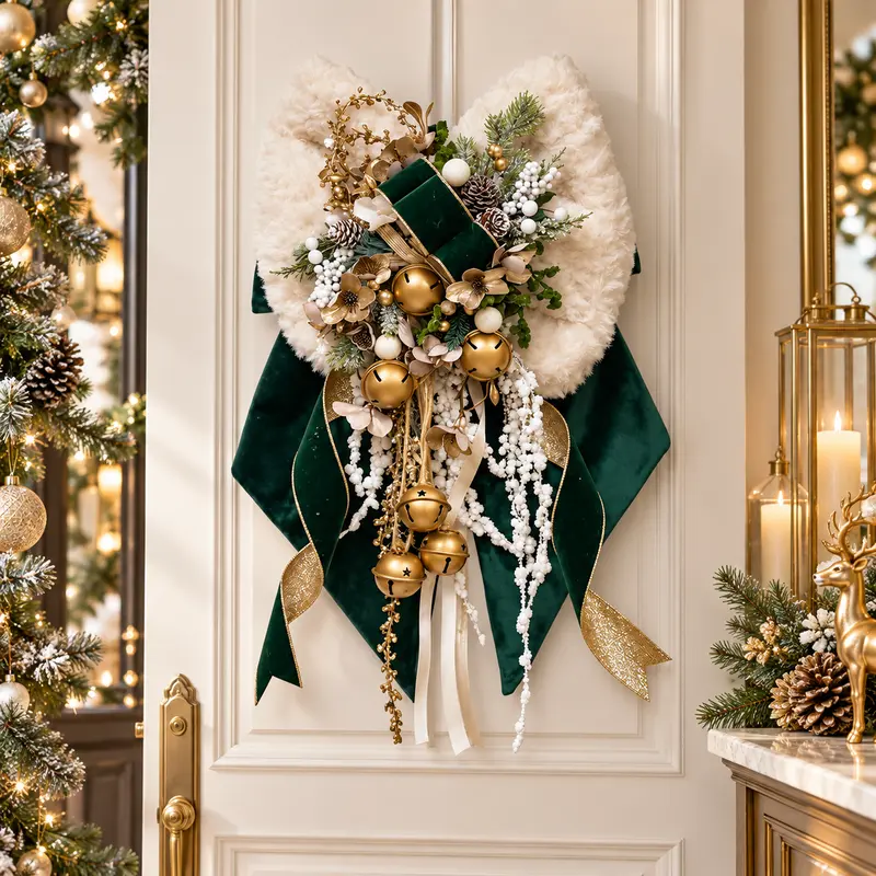Fiocco Natalizio Snow in Montone Bianco e Velluto Verde con Campanelli – Linea Montone by Mata Creazioni, 50 cm