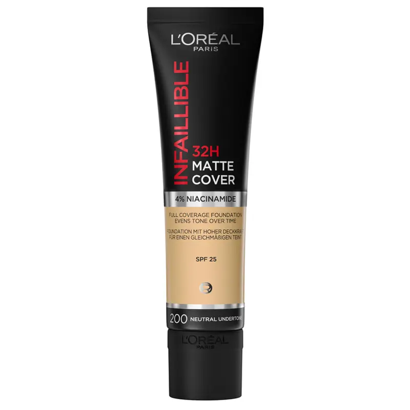 Fondotinta Matte L'Oréal Infaillible 32H Cover Totale - 200 Sable Doré con Niacinamide