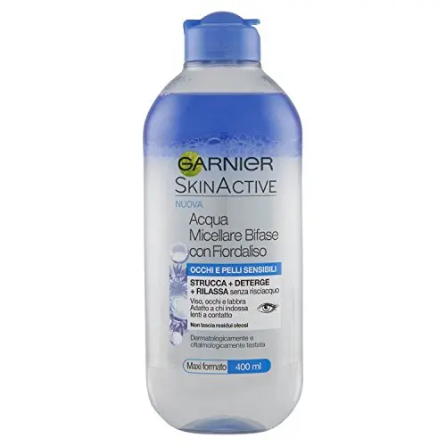 Garnier Acqua Micellare Bifase con Fiordaliso 400ml – Strucca Waterproof, Deterge & Rilassa Pelli Sensibili