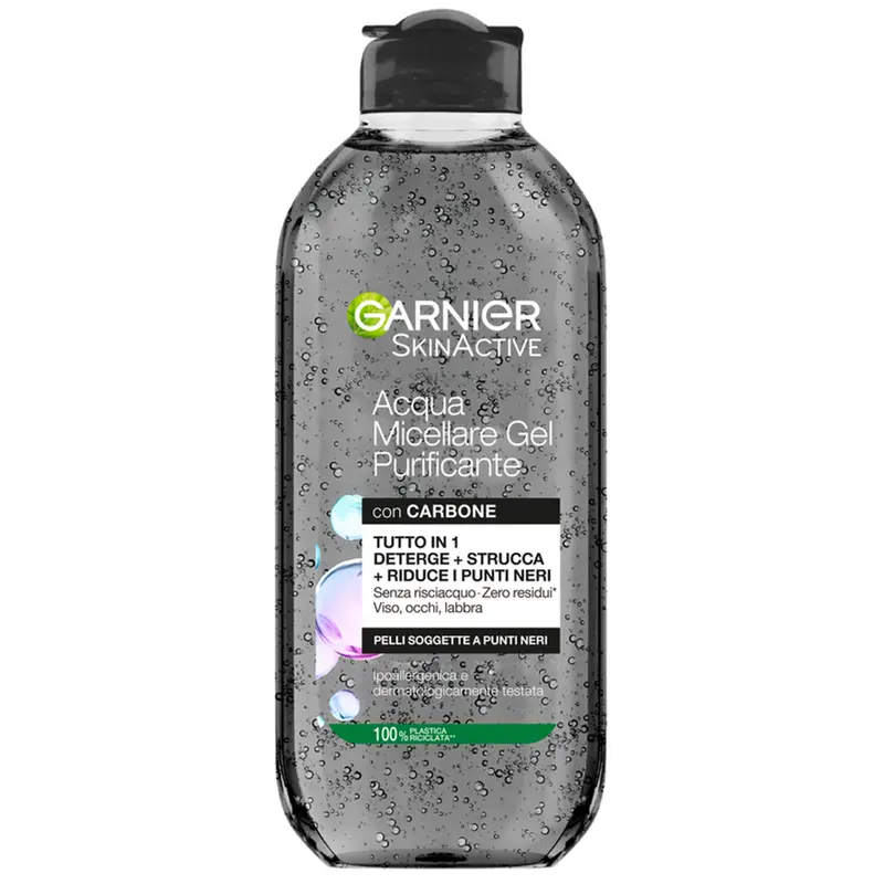 Garnier Acqua Micellare Gel Purificante al Carbone 400ml – Deterge, Strucca & Anti-Punti Neri, Pelli Miste/Impure