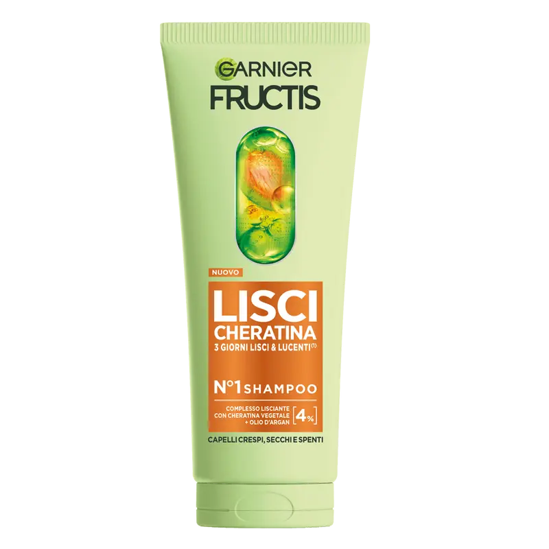 Garnier Fructis Shampoo Lisci Cheratina 250ml – Trattamento Lisciante Anti-Crespo con Cheratina Vegetale e Olio d'Argan – Brillantezza +93%