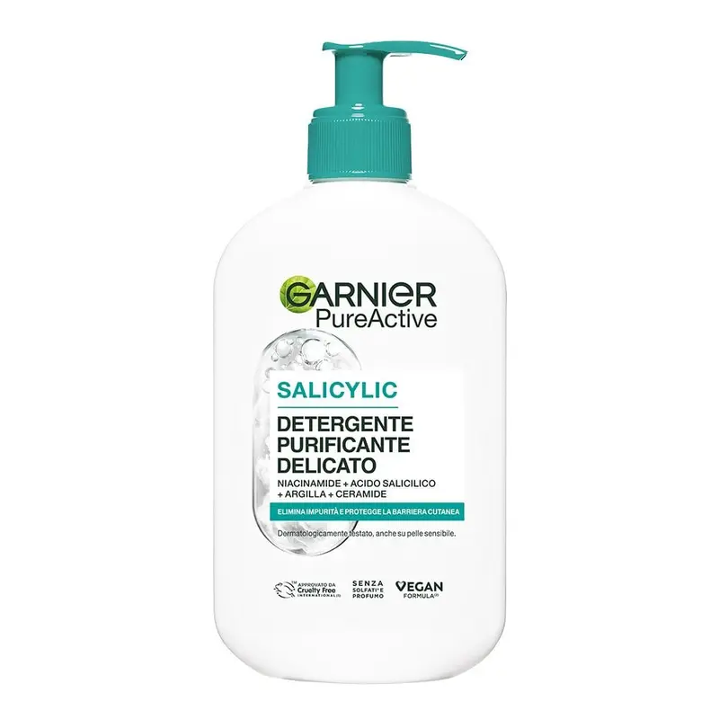 Garnier Pure Active Detergente Purificante Delicato 250 ml | Con Niacinamide, Acido Salicilico, Argilla e Ceramide | Riduce i Pori e Protegge la Barriera Cutanea