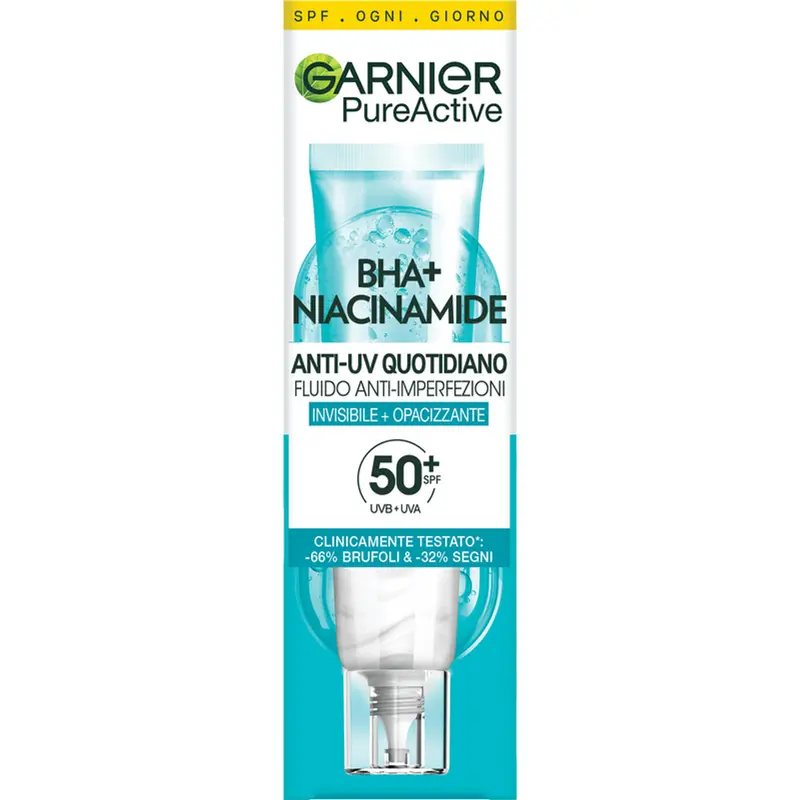 Garnier Pure Active Fluido Anti-Imperfezioni Anti-UV SPF 50+ 40 ml | Opacizzante e Invisibile | BHA + Niacinamide | Riduce Brufoli e Segni Post-Acneici