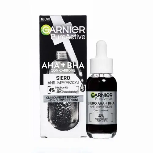 Garnier Pure Active Siero Anti-imperfezioni con Carbone - 30ml - Niacinamide + AHA + BHA - Pelli Grasse, Miste, Impure - Riduce Punti Neri e Brufoli - Formula Vegana