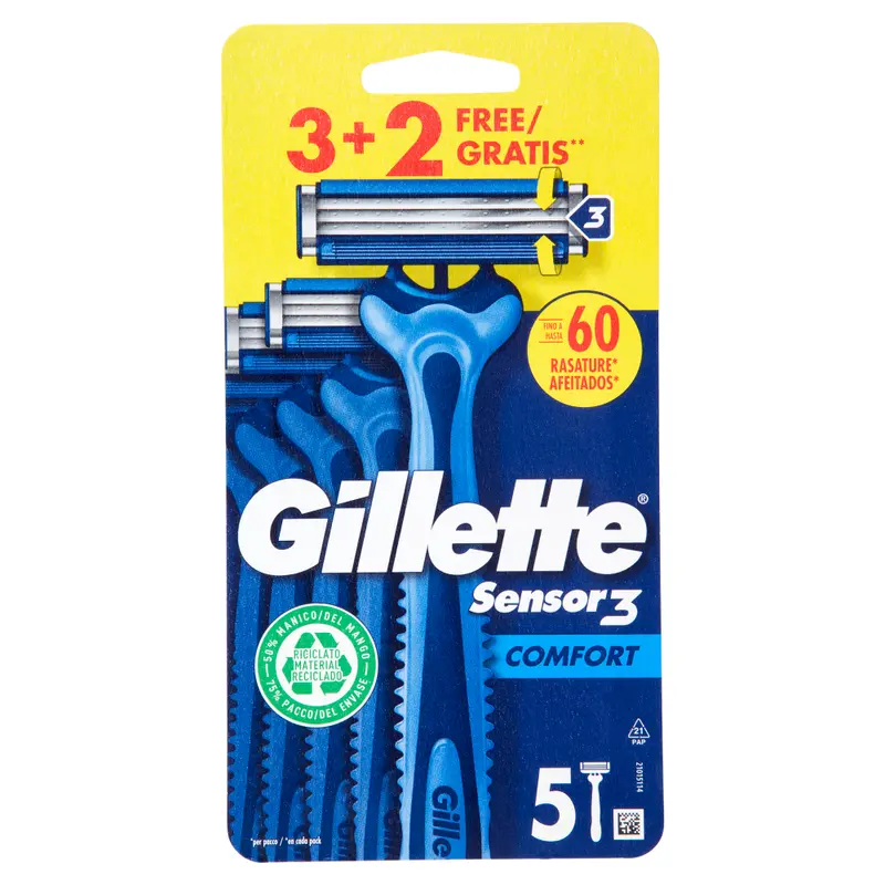 Gillette Sensor3 Comfort Rasoio Uomo Usa e Getta | Confezione 5 Pezzi (3+2 Gratis) | 3 Lame con Tecnologia ComfortGel