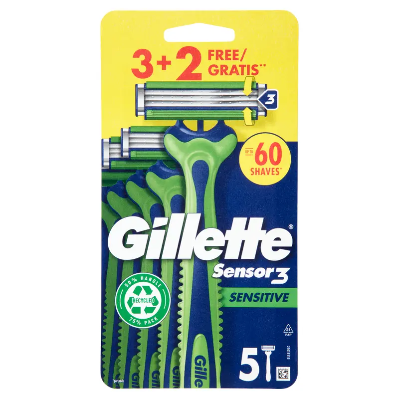 Gillette Sensor3 Sensitive Rasoio Uomo Usa e Getta | 5 Pezzi (3+2 Gratis) | Rasatura Delicata con ComfortGel
