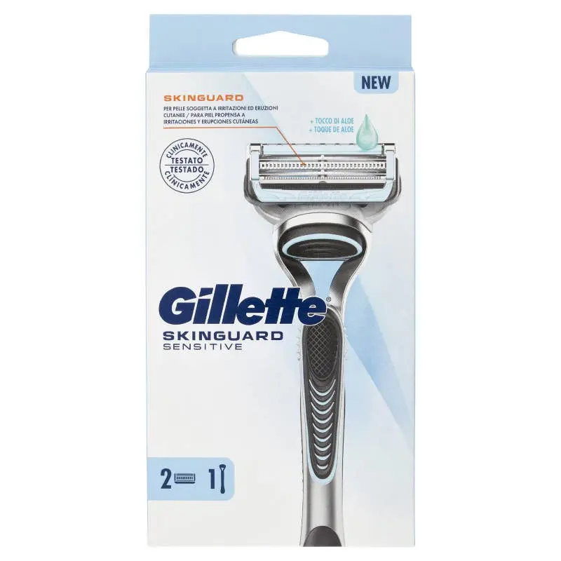 Gillette SkinGuard Sensitive Rasoio Uomo | Tecnologia Anti-Irritazione Clinicamente Testata | Manico Flessibile + 2 Lamette di Ricambio | Ideale per Pelli Sensibili